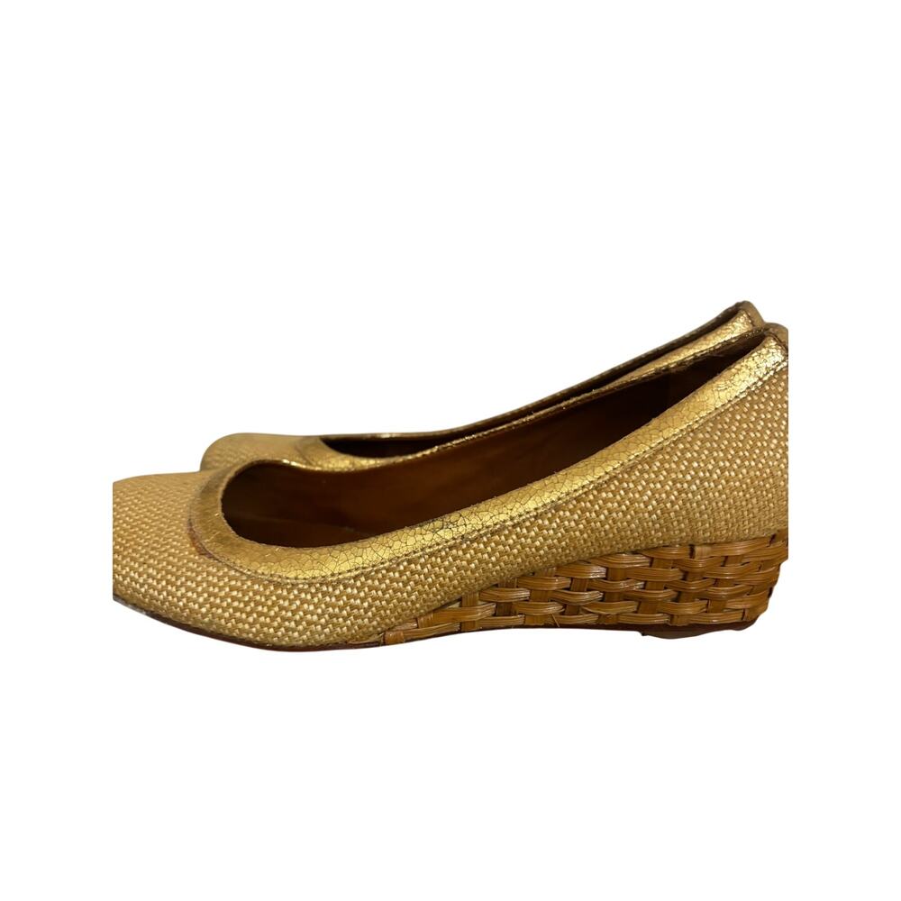 Tory Burch Brown Leather Fabric Wicker Wedge Heel Shoes Size 6